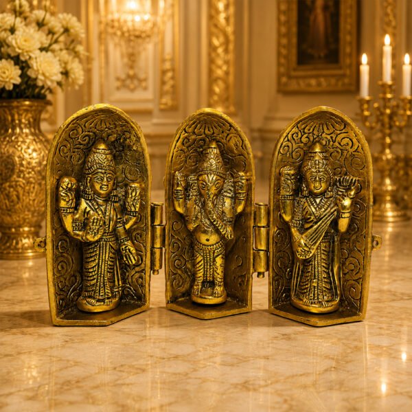 Brass Lakshmi Ganesha Saraswati Foldable Temple Idol for Home & Office