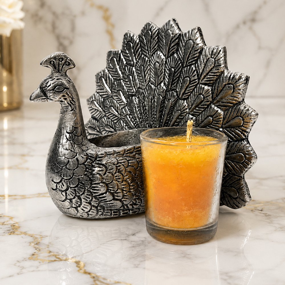 Premium Silver Plated Peacock Tealight Candle Holder | Decorative Devotional Candle Stand for Home Temple & Living Room