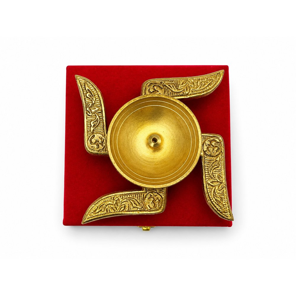 Premium Brass Swastik Akhand Diya with Velvet Gift Box | Traditional Pooja Oil Lamp for Home Temple