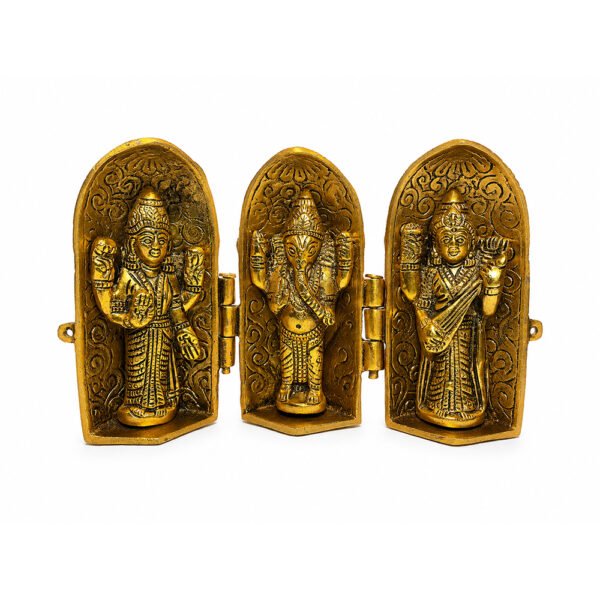 Brass Lakshmi Ganesha Saraswati Foldable Temple Idol for Home & Office