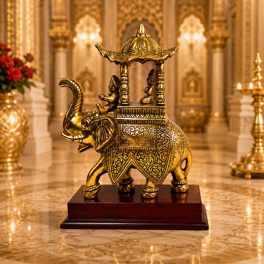 Royal Brass Ambari Elephant Statue with Divine Canopy on Wooden Base | Luxury Vastu Home Decor