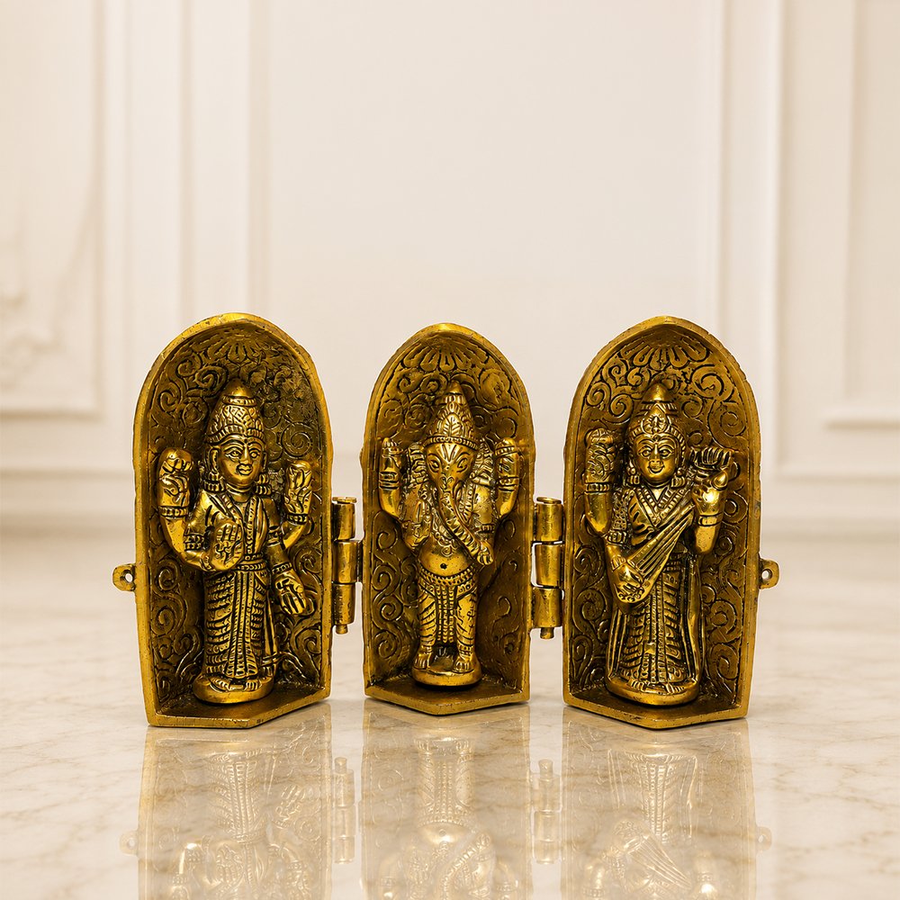Brass Lakshmi Ganesha Saraswati Foldable Temple Idol for Home & Office