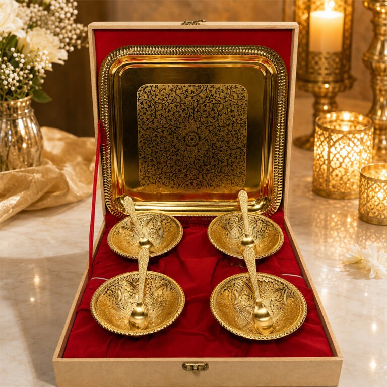Premium Gold Plated Dry Fruit Serving Set with Tray & 4 Bowls with Spoons in Wooden Gift Box