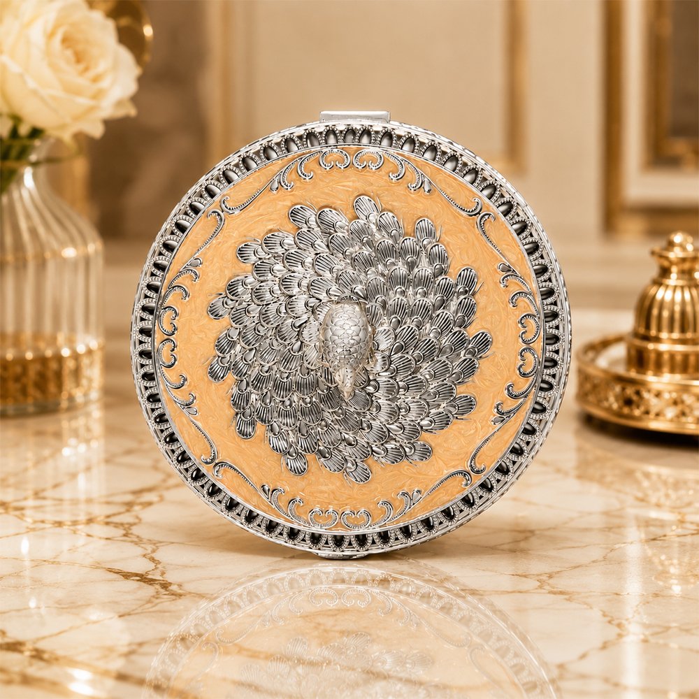 Premium Peacock Design Dry Fruit Box with 4 Compartments – Decorative Silver Plated Serving & Gift Box