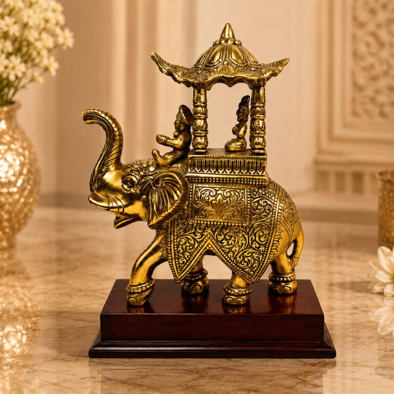 Royal Brass Ambari Elephant Statue with Divine Canopy on Wooden Base | Luxury Vastu Home Decor