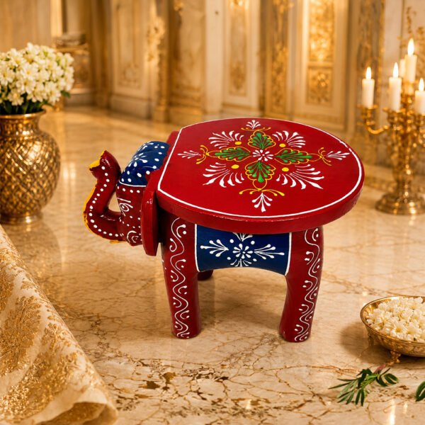 Handcrafted Wooden Elephant Stool | Traditional Rajasthani Hand-Painted Decorative Side Stool