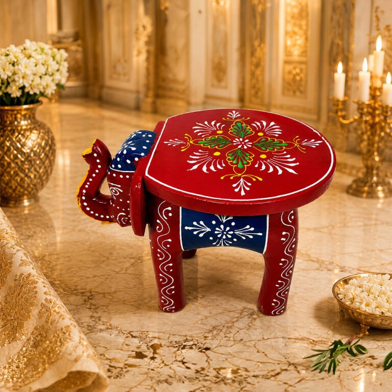 Handcrafted Wooden Elephant Stool | Traditional Rajasthani Hand-Painted Decorative Side Stool