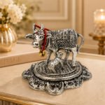 Kamdhenu Cow with Calf Idol | Silver Finish Metal Gau Mata Statue for Home Temple & Pooja