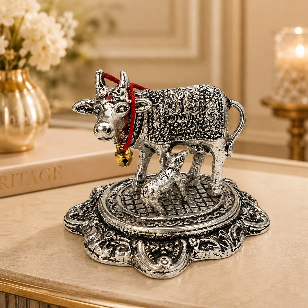 Kamdhenu Cow with Calf Idol | Silver Finish Metal Gau Mata Statue for Home Temple & Pooja
