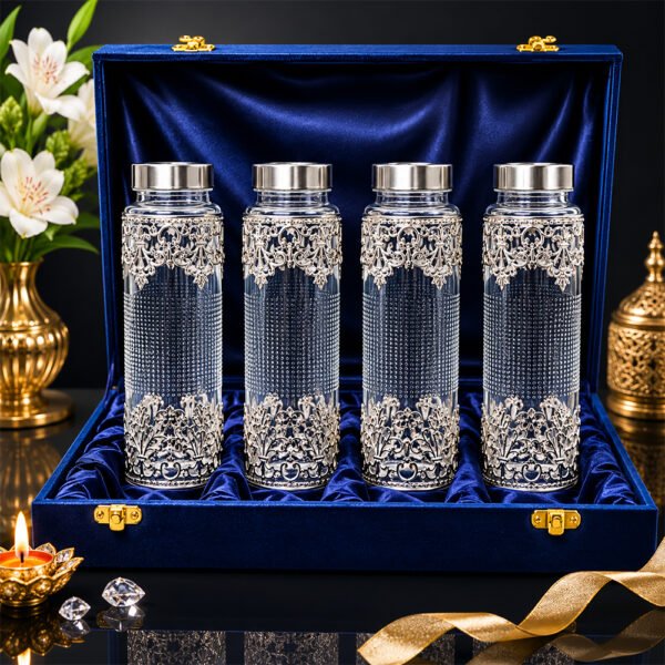 Premium Silver Embossed Glass Storage Jar Set of 4 with Luxury Velvet Gift Box – Kitchen & Dry Fruit Container Set
