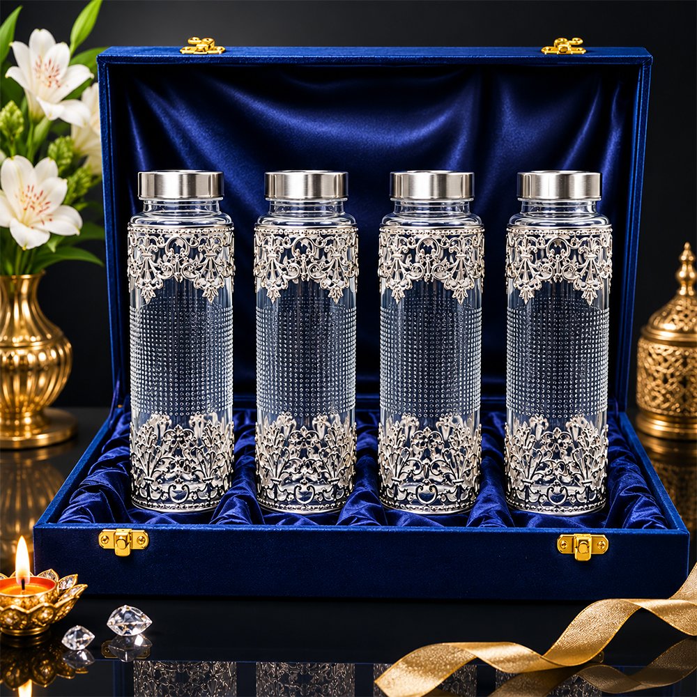 Premium Silver Embossed Glass Storage Jar Set of 4 with Luxury Velvet Gift Box – Kitchen & Dry Fruit Container Set