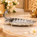 Handcrafted Silver Finish Peacock Leaf Decorative Tray – Premium Metal Serving & Dry Fruit Platter for Home Decor