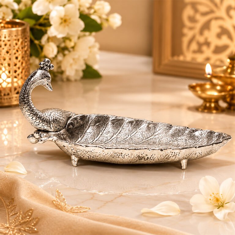 Handcrafted Silver Finish Peacock Leaf Decorative Tray – Premium Metal Serving & Dry Fruit Platter for Home Decor