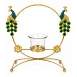 Royal Peacock Metal Tealight Candle Holder with Glass Cup – Decorative Table Centerpiece for Home & Festive Décor
