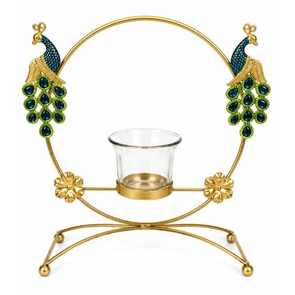 Royal Peacock Metal Tealight Candle Holder with Glass Cup – Decorative Table Centerpiece for Home & Festive Décor