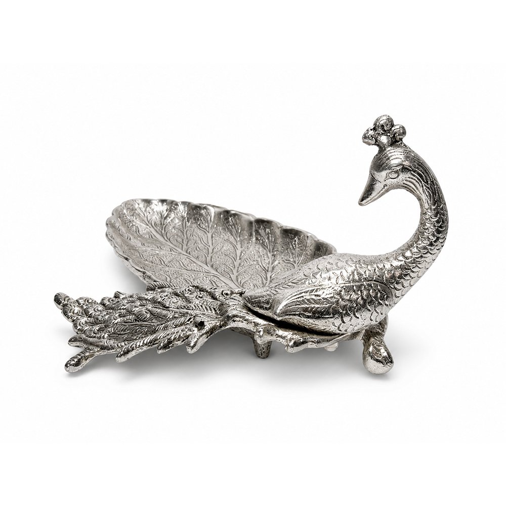Handcrafted Silver Finish Peacock Leaf Decorative Tray – Premium Metal Serving & Dry Fruit Platter for Home Decor
