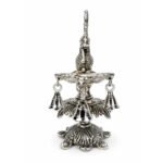 Premium Peacock Three-Wick Aarti Diya with Hanging Bells | Silver Finish Metal Pooja Lamp for Home Temple