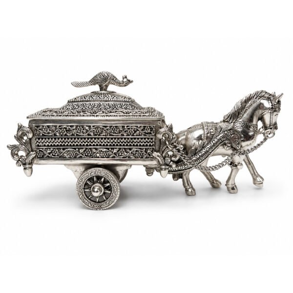 Handcrafted Silver Finish Horse Cart Dry Fruit Box with Peacock Lid – Decorative Serving & Gift Box