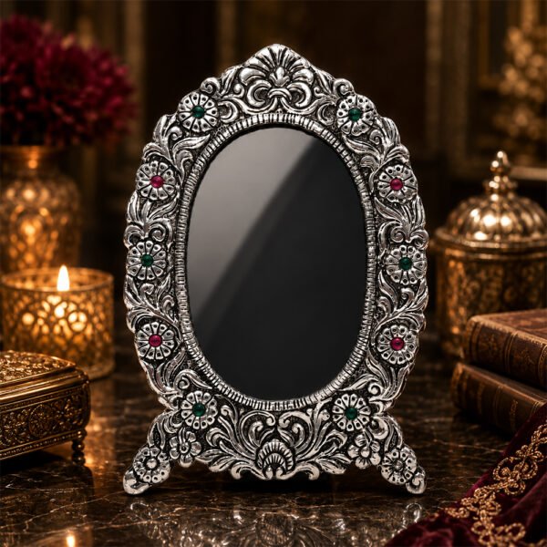 Premium Silver Plated Decorative Shringar Mirror for Thakur Ji & Dressing Table | Handcrafted Oval Makeup Mirror