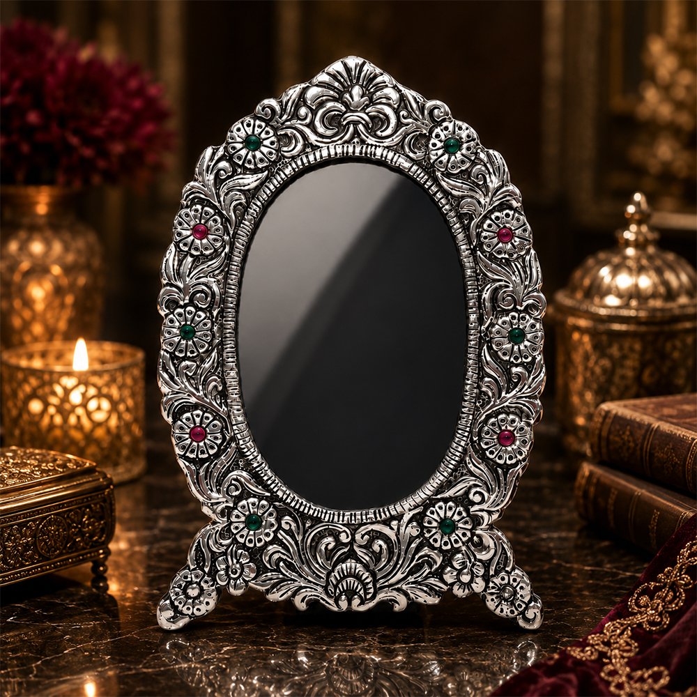 Premium Silver Plated Decorative Shringar Mirror for Thakur Ji & Dressing Table | Handcrafted Oval Makeup Mirror