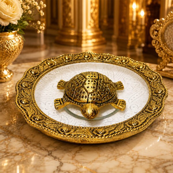 Premium Decorative Turtle Urli Bowl with Glass Plate – Vastu Feng Shui Tortoise for Home Decor
