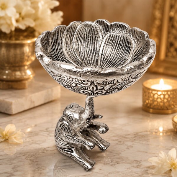 Handcrafted Silver Finish Elephant Decorative Bowl | Lotus Urli for Home Decor & Gifting