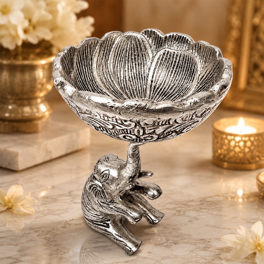 Handcrafted Silver Finish Elephant Decorative Bowl | Lotus Urli for Home Decor & Gifting