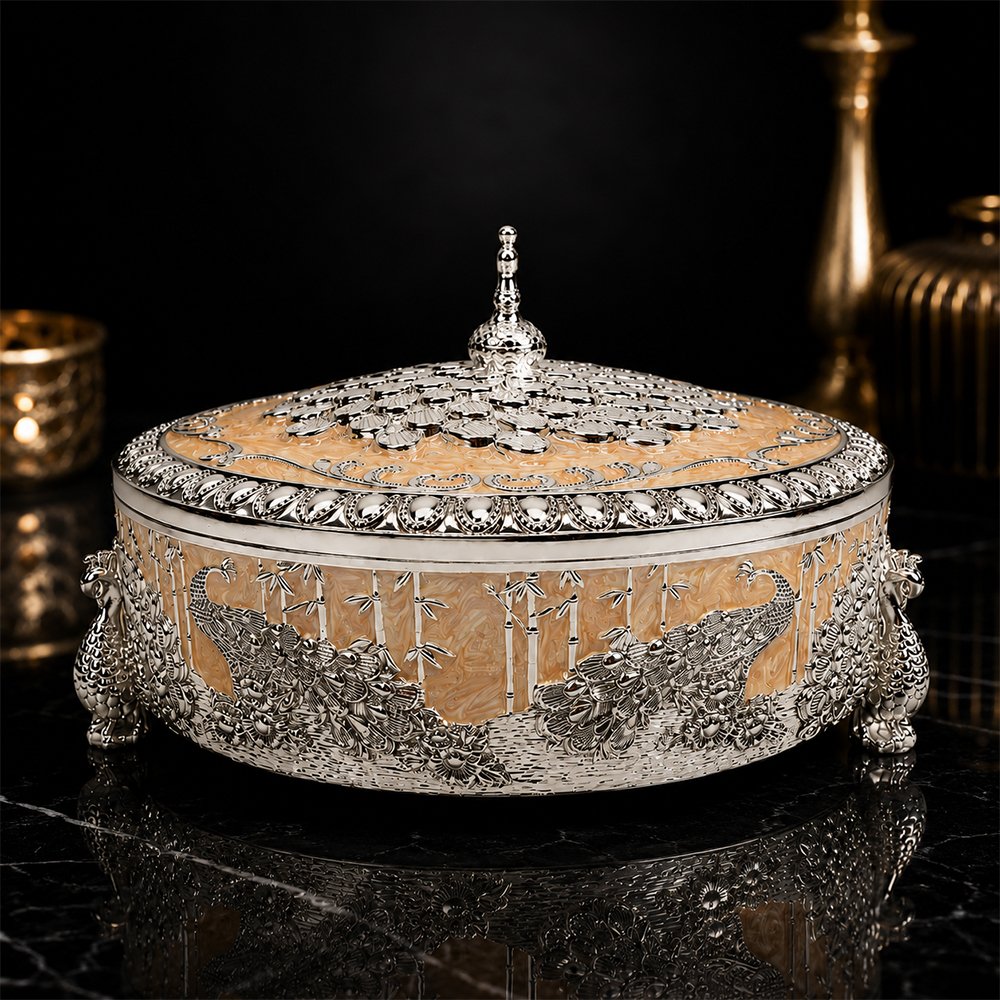 Premium Peacock Design Dry Fruit Box with 4 Compartments – Decorative Silver Plated Serving & Gift Box