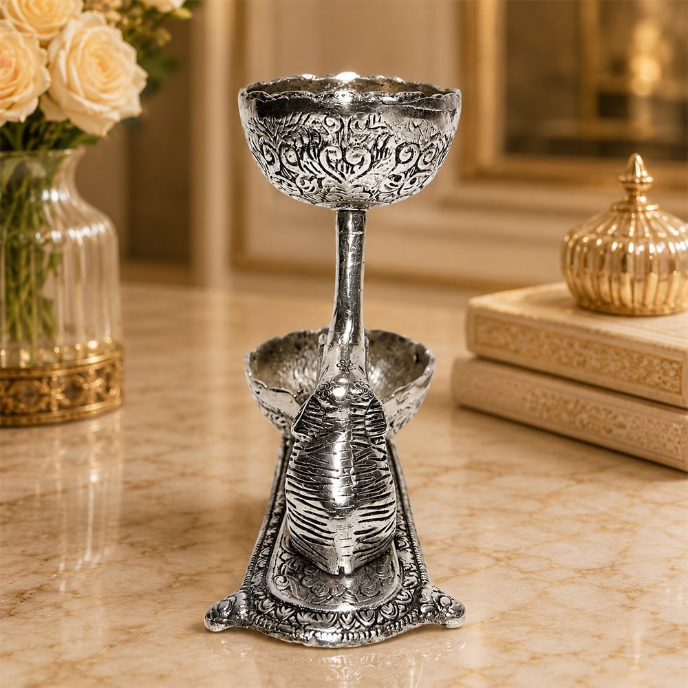 Premium Elephant Dry Fruit & Mukhwas Serving Bowl Set with Dual Bowls – Silver Plated Decorative Snack Server
