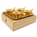 Premium Gold Plated Dry Fruit Serving Set with Tray & 4 Bowls with Spoons in Wooden Gift Box