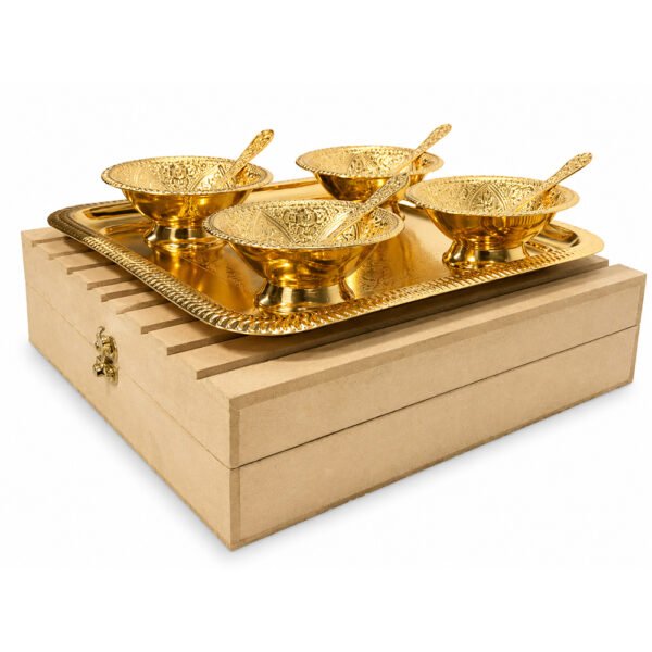 Premium Gold Plated Dry Fruit Serving Set with Tray & 4 Bowls with Spoons in Wooden Gift Box