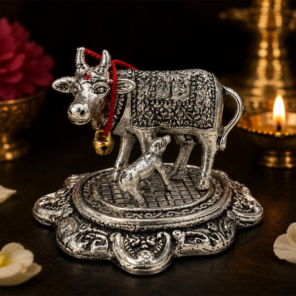 Kamdhenu Cow with Calf Idol | Silver Finish Metal Gau Mata Statue for Home Temple & Pooja