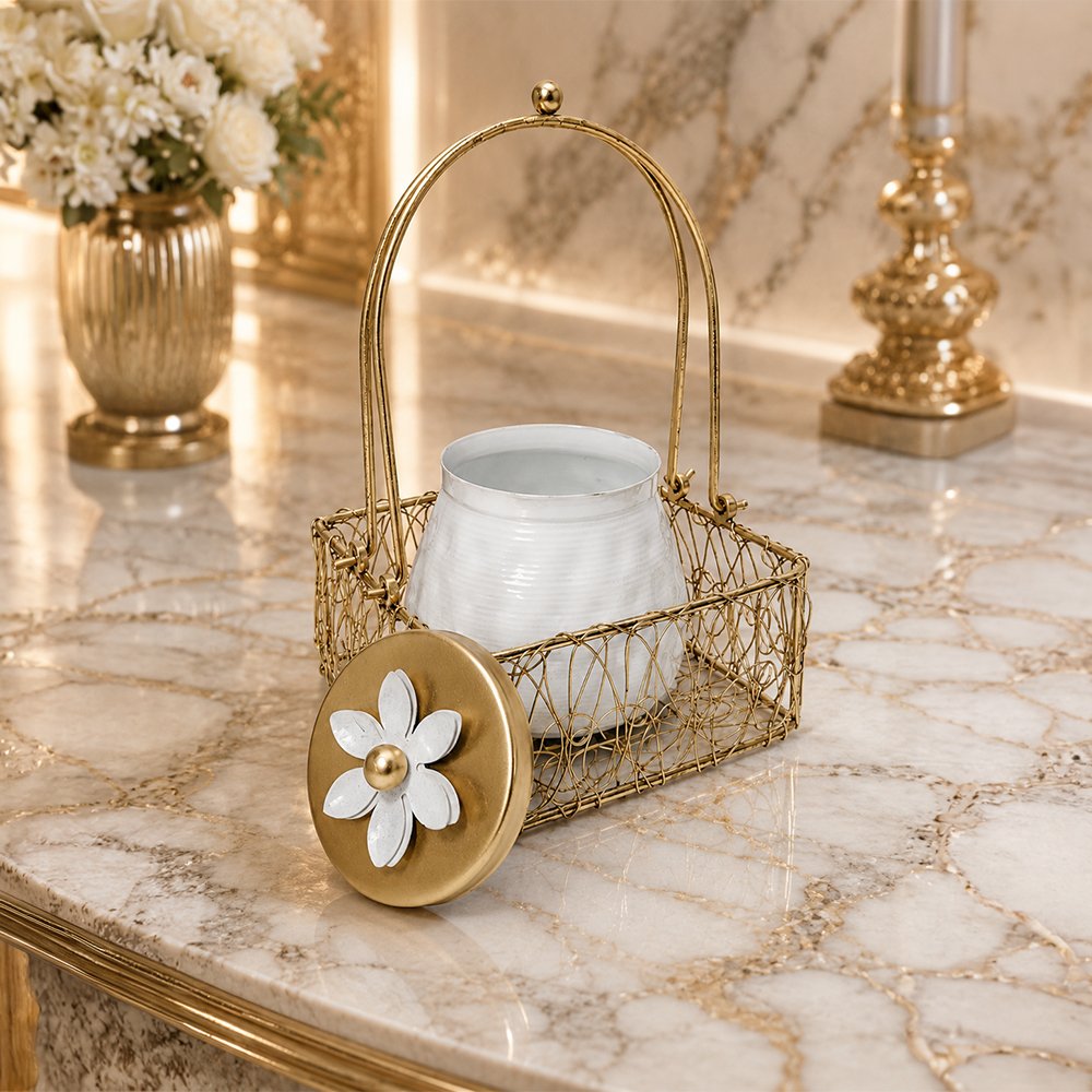 Luxury Decorative Storage Jar with Gold Metal Basket | Elegant Kitchen & Tabletop Organizer