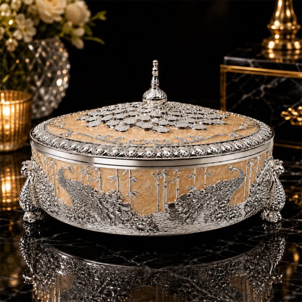 Premium Peacock Design Dry Fruit Box with 4 Compartments – Decorative Silver Plated Serving & Gift Box