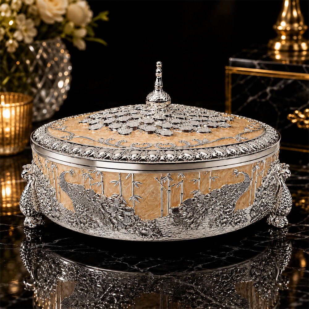 Premium Peacock Design Dry Fruit Box with 4 Compartments – Decorative Silver Plated Serving & Gift Box