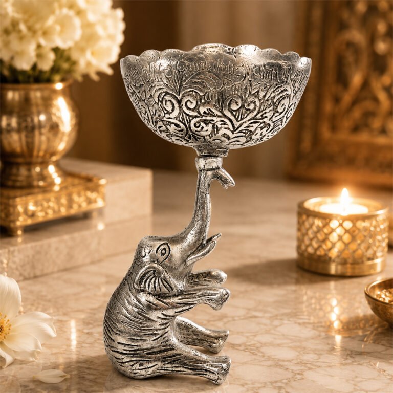 Handcrafted Silver Finish Elephant Decorative Bowl | Lotus Urli for Home Decor & Gifting