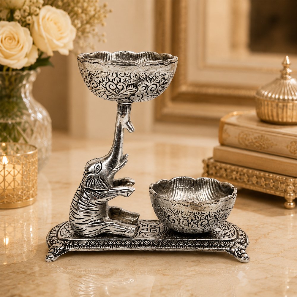 Premium Elephant Dry Fruit & Mukhwas Serving Bowl Set with Dual Bowls – Silver Plated Decorative Snack Server