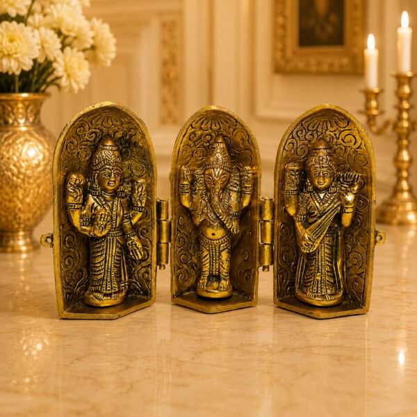 Brass Lakshmi Ganesha Saraswati Foldable Temple Idol for Home & Office
