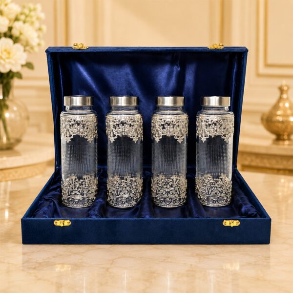 Premium Silver Embossed Glass Storage Jar Set of 4 with Luxury Velvet Gift Box – Kitchen & Dry Fruit Container Set