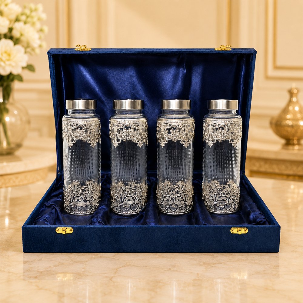 Premium Silver Embossed Glass Storage Jar Set of 4 with Luxury Velvet Gift Box – Kitchen & Dry Fruit Container Set