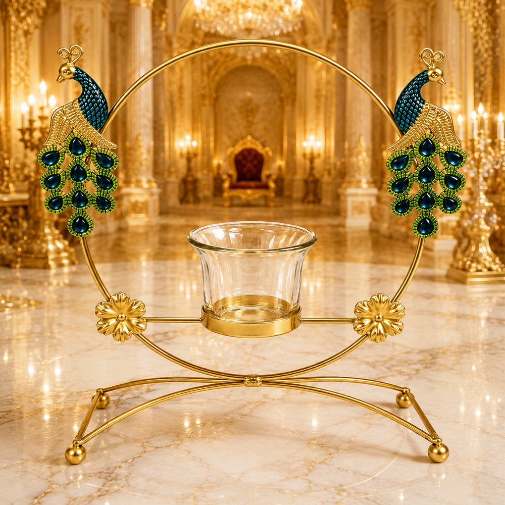 Royal Peacock Metal Tealight Candle Holder with Glass Cup – Decorative Table Centerpiece for Home & Festive Décor