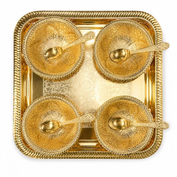 Premium Gold Plated Dry Fruit Serving Set with Tray & 4 Bowls with Spoons in Wooden Gift Box