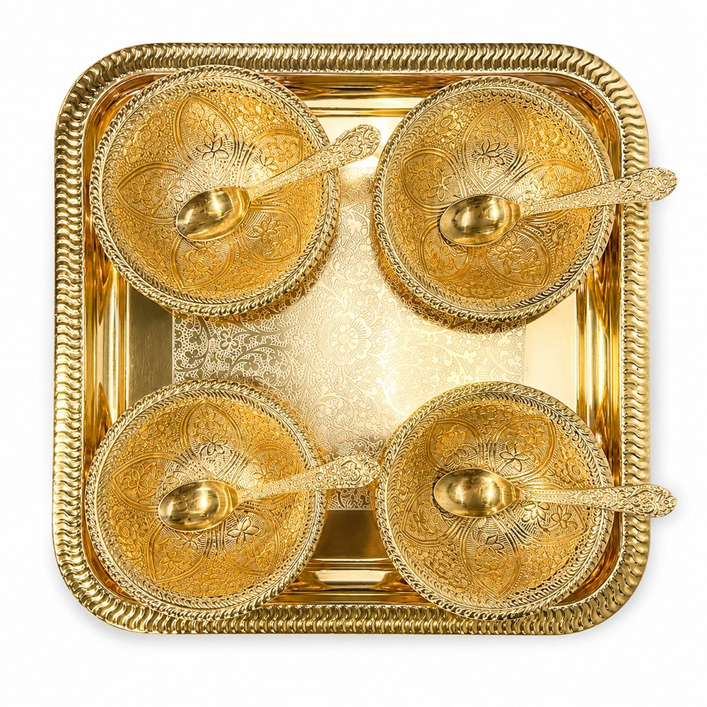Premium Gold Plated Dry Fruit Serving Set with Tray & 4 Bowls with Spoons in Wooden Gift Box
