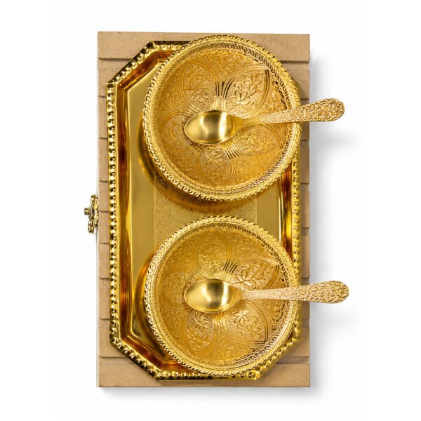 Gold Plated Prasadi Bhog Thali Set with 2 Bowls, Spoons & Serving Tray in Premium Gift Box