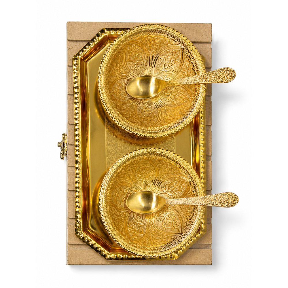 Gold Plated Prasadi Bhog Thali Set with 2 Bowls, Spoons & Serving Tray in Premium Gift Box