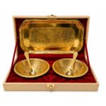 Gold Plated Prasadi Bhog Thali Set with 2 Bowls, Spoons & Serving Tray in Premium Gift Box