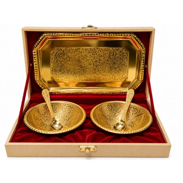 Gold Plated Prasadi Bhog Thali Set with 2 Bowls, Spoons & Serving Tray in Premium Gift Box