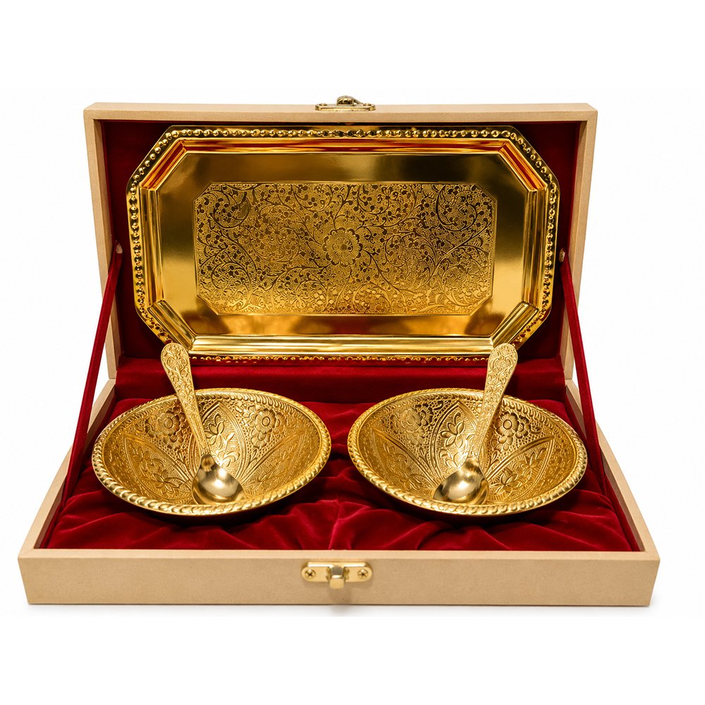 Gold Plated Prasadi Bhog Thali Set with 2 Bowls, Spoons & Serving Tray in Premium Gift Box