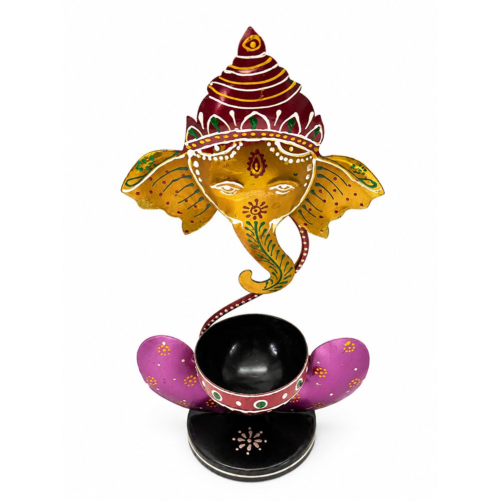 Handcrafted Lord Ganesha Hand-Painted Metal Diya Stand – Decorative Pooja Oil Lamp Holder