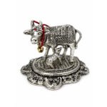 Kamdhenu Cow with Calf Idol | Silver Finish Metal Gau Mata Statue for Home Temple & Pooja